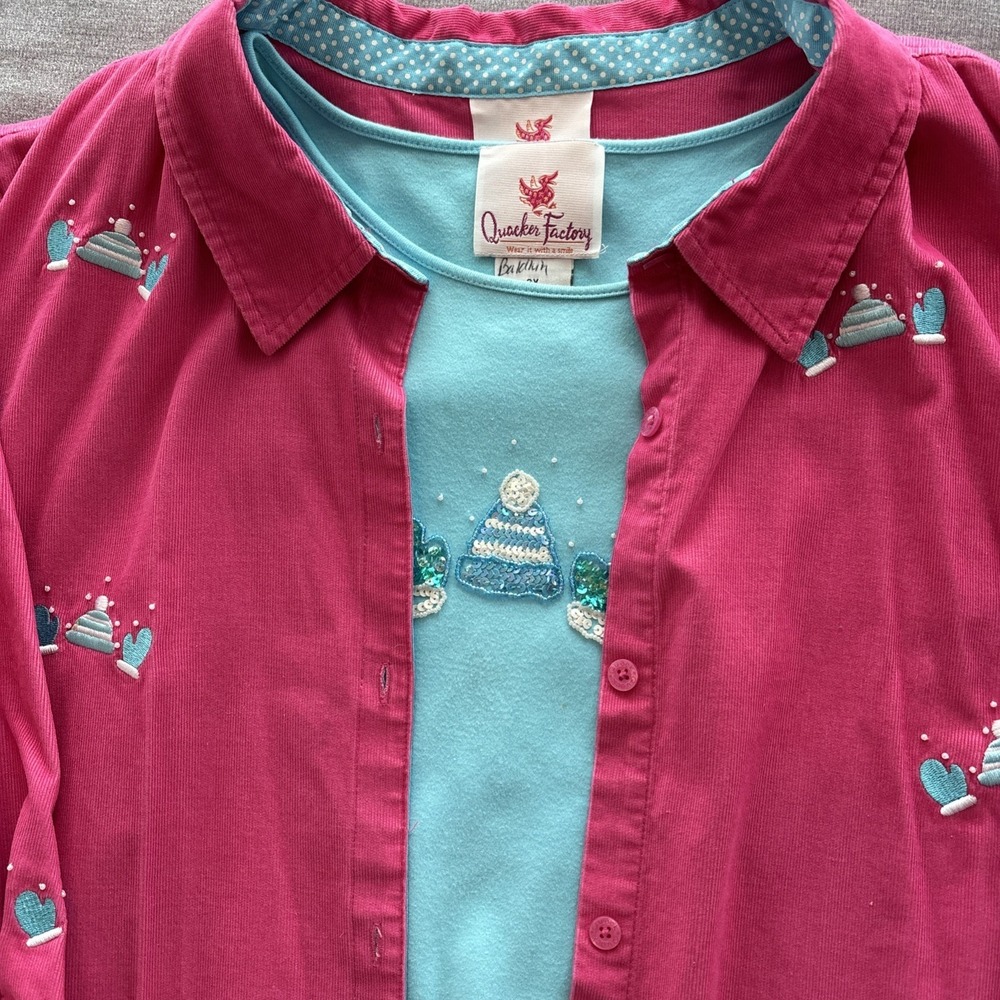 Quaker Factory Pink Corduroy Mittens & Hat Embroidered Button up 2PC Top 3x
